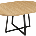 Mesa comedor redonda extensible en acabado roble con patas metálicas negras.