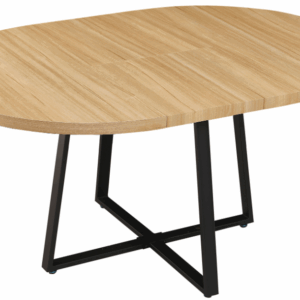 Mesa comedor redonda extensible en acabado roble con patas metálicas negras.