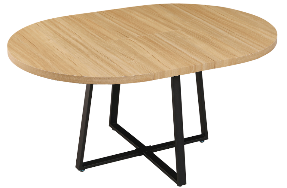Mesa comedor redonda extensible en acabado roble con patas metálicas negras.
