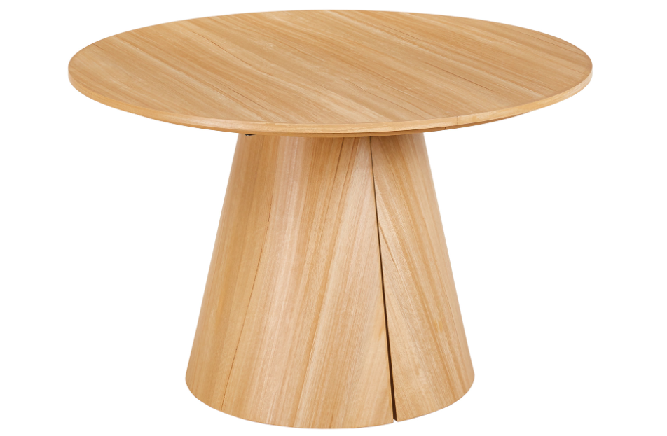 Mesa comedor redonda extensible Damiano en acabado roble con base cónica de madera.