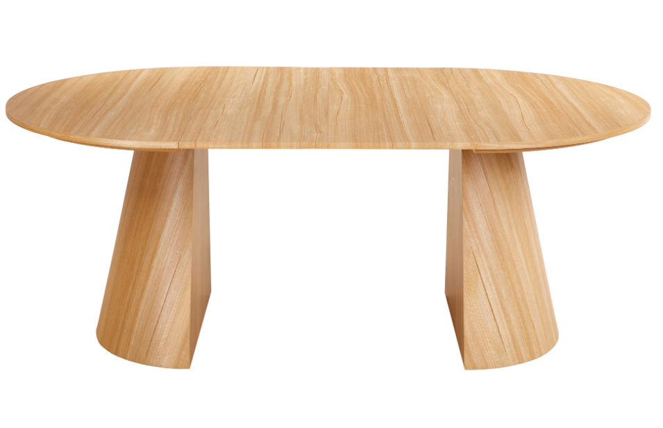 Mesa comedor extensible Damiano en roble natural extendida a 200 cm con base doble cónica.