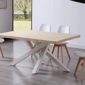 Mesa comedor Xena de madera con estructura metálica blanca cruzada