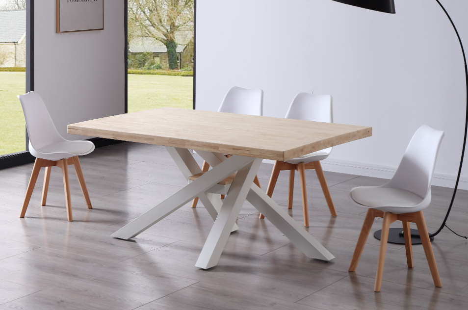 Mesa comedor Xena de madera con estructura metálica blanca cruzada