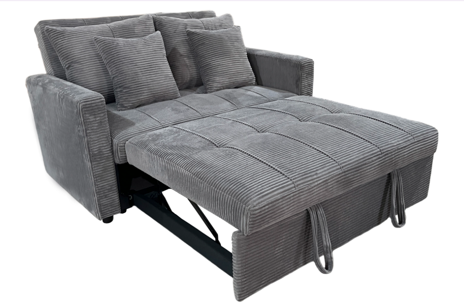 Sofá cama gris con tapizado de corduroy extendido como cama supletoria