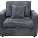 Sofá cama tapizado en tejido corduroy gris con cojines, respaldo reclinable y base extensible