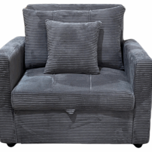 Sofá cama tapizado en tejido corduroy gris con cojines, respaldo reclinable y base extensible