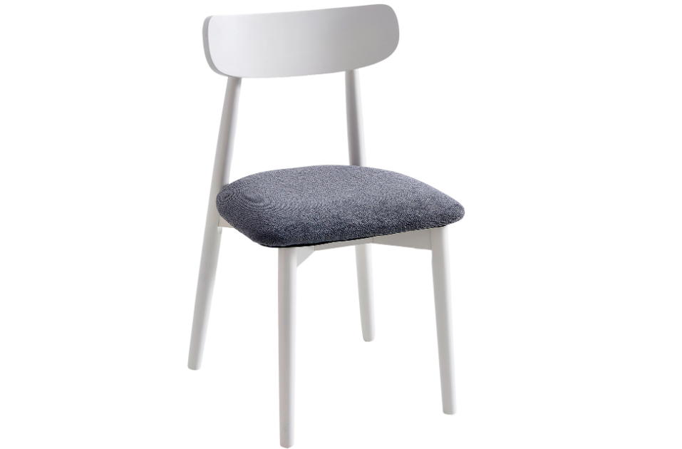 Silla de comedor tapizada en gris con patas y respaldo de madera blanca