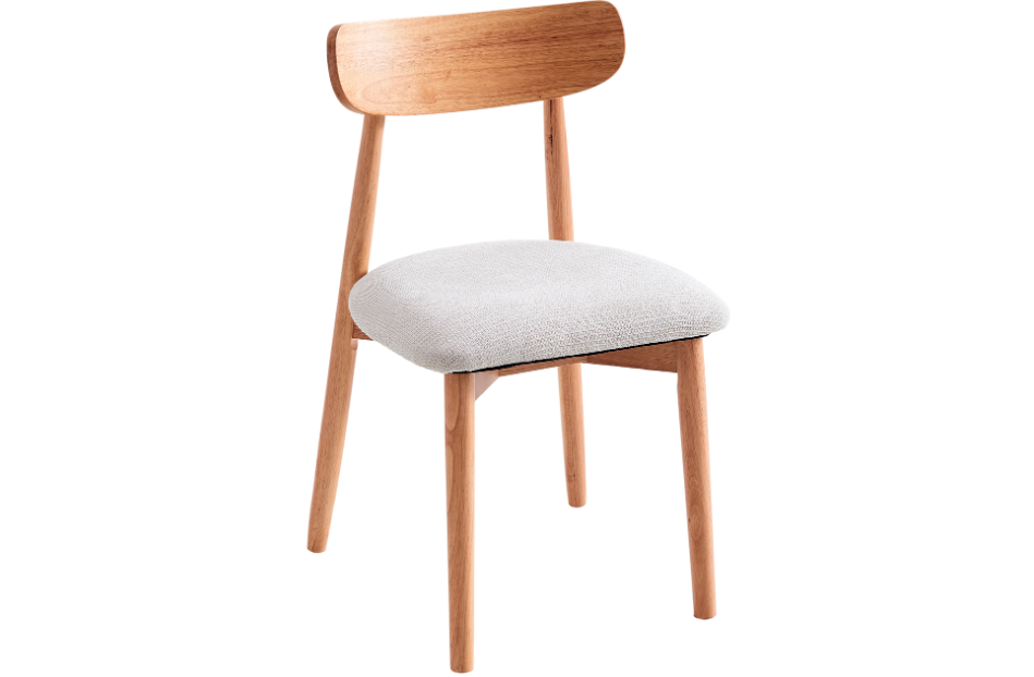 Silla tapizada beige con patas y respaldo de madera natural