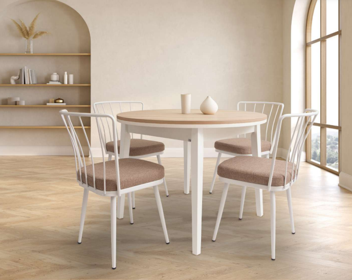 Silla Modelo 026 tapizada Rigoletto Taupe 05 con estructura metálica blanca