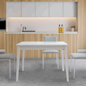 Silla Modelo 150 tapizada Rigoletto Aguamarina 17 con estructura metálica blanca