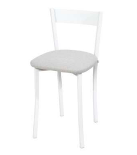 Taburete Modelo 112 bajo tapizado en Perle 09 con estructura metálica blanca