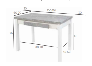 Diagrama de medidas de la mesa 320-M extensible en 100×60 y 110×70, con alturas y extensiones de 2 alas.