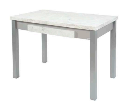 Mesa 320-M con encimera Marble White laminado efecto mármol y patas metálicas color plata.