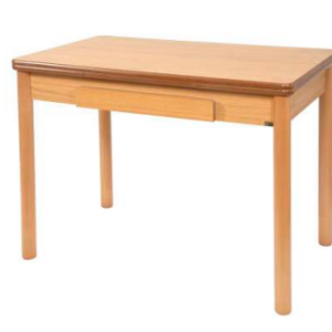 Mesa rectangular Mod. 410 con encimera, cajón y armazón en DM laminado roble y patas redondas de madera en acabado roble.