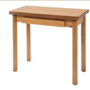 Mesa libro giratoria Mod. 405 en acabado roble con encimera y cajón en DM laminado y patas redondas de madera en color roble.