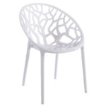 Silla blanca Ores contemporánea con respaldo calado decorativo y patas finas ideal para comedor, cocina o terraza cubierta