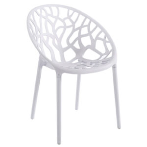 Silla blanca Ores contemporánea con respaldo calado decorativo y patas finas ideal para comedor, cocina o terraza cubierta