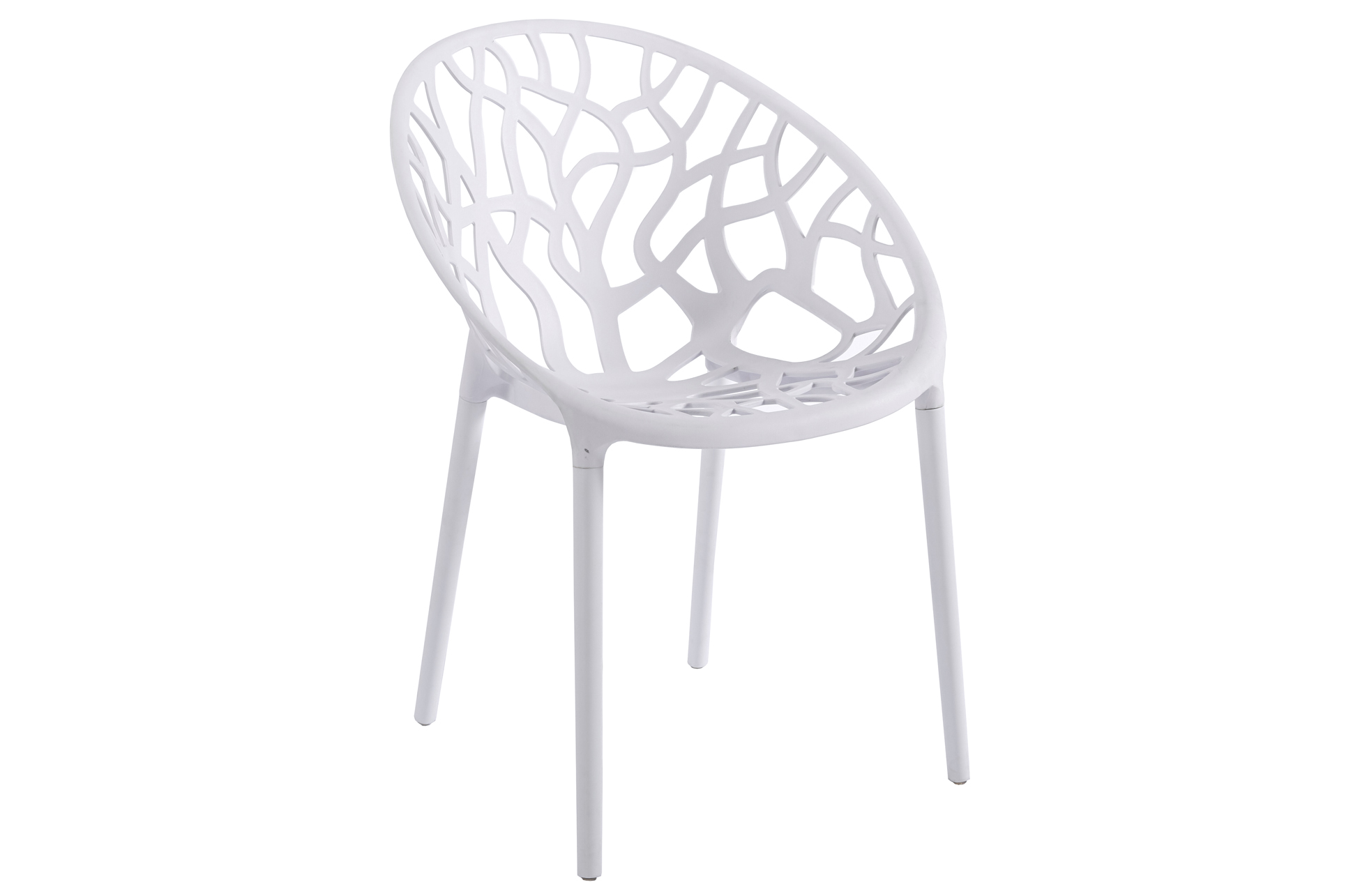 Silla blanca Ores contemporánea con respaldo calado decorativo y patas finas ideal para comedor, cocina o terraza cubierta