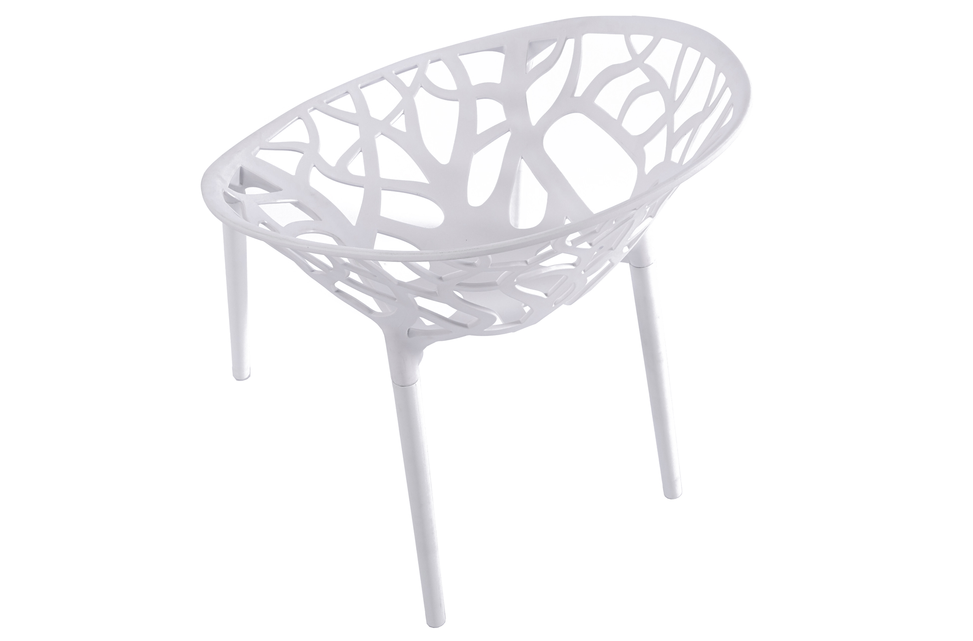 Silla blanca Ores contemporánea con respaldo calado decorativo y patas finas ideal para comedor, cocina o terraza cubierta