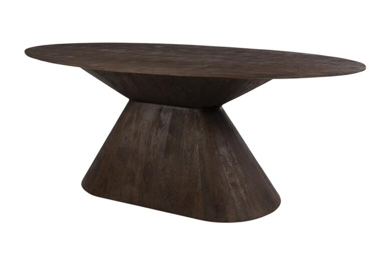 Mesa de comedor ovalada fabricada en madera natural en tono oscuro con base central de diseño escultórico