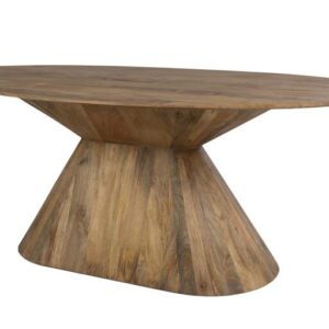 Mesa de comedor ovalada fabricada en madera natural en tono oscuro con base central de diseño escultórico