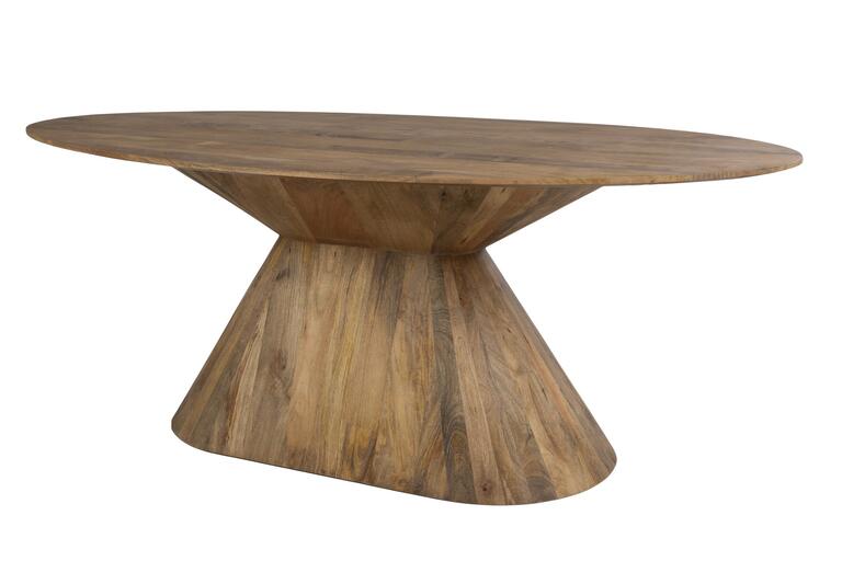 Mesa de comedor ovalada fabricada en madera natural en tono oscuro con base central de diseño escultórico