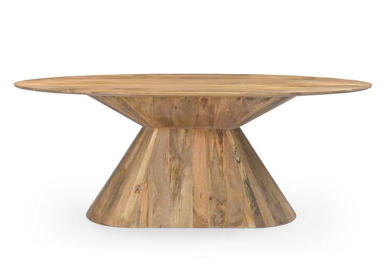 Mesa de comedor ovalada fabricada en madera natural en tono oscuro con base central de diseño escultórico