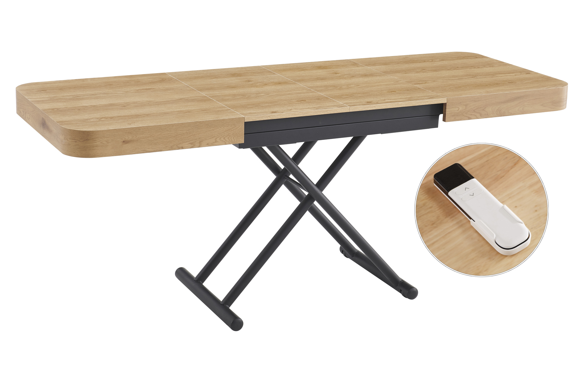 Mesa transformable de centro a comedor abierta y elevada preparada para comidas y reuniones en el salón