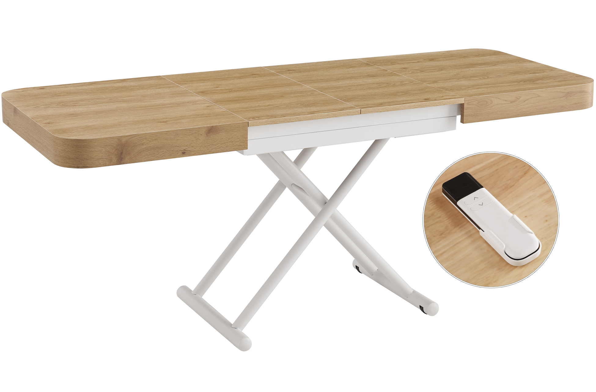 Mesa transformable de centro a comedor abierta y elevada preparada para comidas y reuniones en el salón