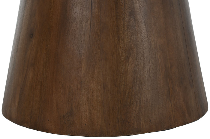 Mesa redonda de comedor con sobre de mármol y pata central en madera de mango disponible en Artisa muebles
