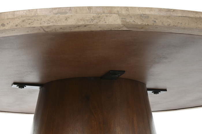 Mesa redonda de comedor con sobre de mármol y pata central en madera de mango disponible en Artisa muebles