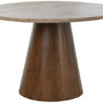 Mesa redonda de comedor con sobre de mármol y pata central en madera de mango disponible en Artisa muebles