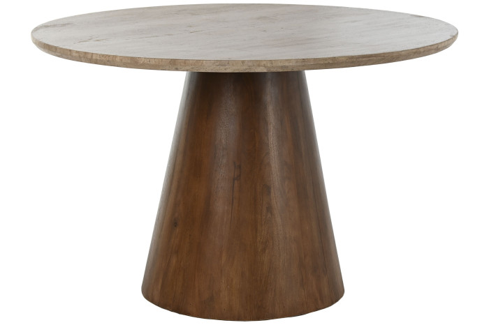 Mesa redonda de comedor con sobre de mármol y pata central en madera de mango disponible en Artisa muebles