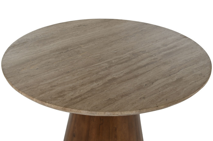 Mesa redonda de comedor con sobre de mármol y pata central en madera de mango disponible en Artisa muebles