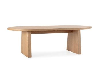 Mesa de centro ovalada de diseño moderno, disponible en tres acabados, ideal para salón por su estilo elegante y funcional.