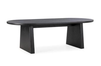 Mesa de centro ovalada de diseño moderno, disponible en tres acabados, ideal para salón por su estilo elegante y funcional.