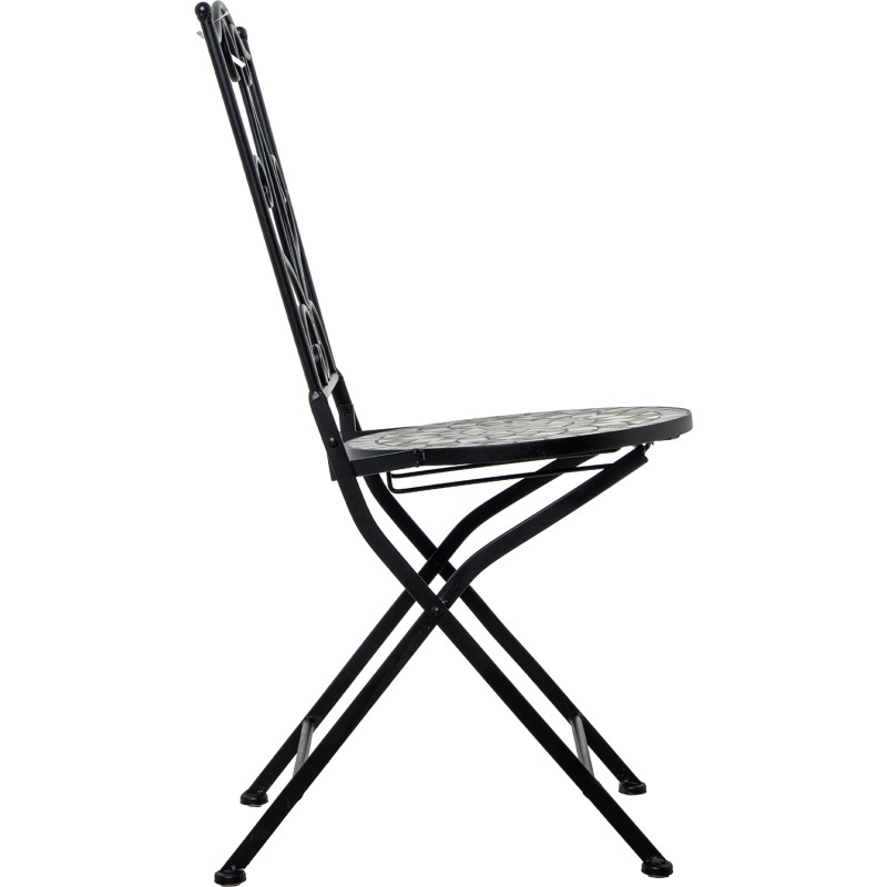 Conjunto de jardín compuesto por mesa redonda y dos sillas plegables de estructura metálica negra con asiento y tablero de mosaico decorativo, ideal para terraza o patio exterior.