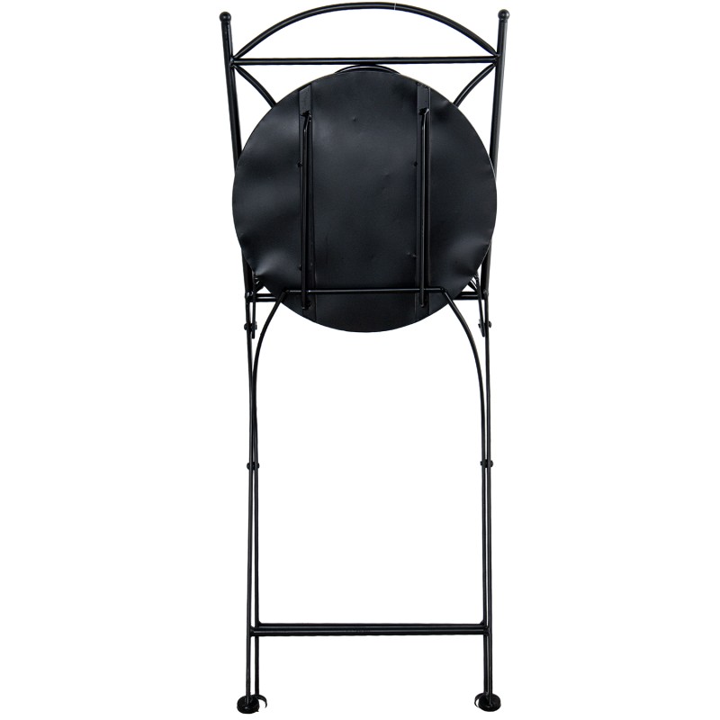 Conjunto de jardín compuesto por mesa redonda y dos sillas plegables de estructura metálica negra con asiento y tablero de mosaico decorativo, ideal para terraza o patio exterior.