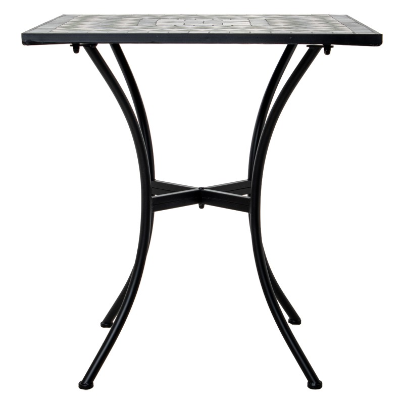 Conjunto de jardín compuesto por mesa redonda y dos sillas plegables de estructura metálica negra con asiento y tablero de mosaico decorativo, ideal para terraza o patio exterior.