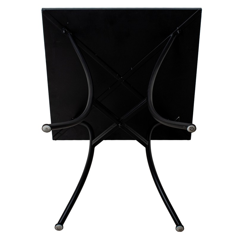 Conjunto de jardín compuesto por mesa redonda y dos sillas plegables de estructura metálica negra con asiento y tablero de mosaico decorativo, ideal para terraza o patio exterior.