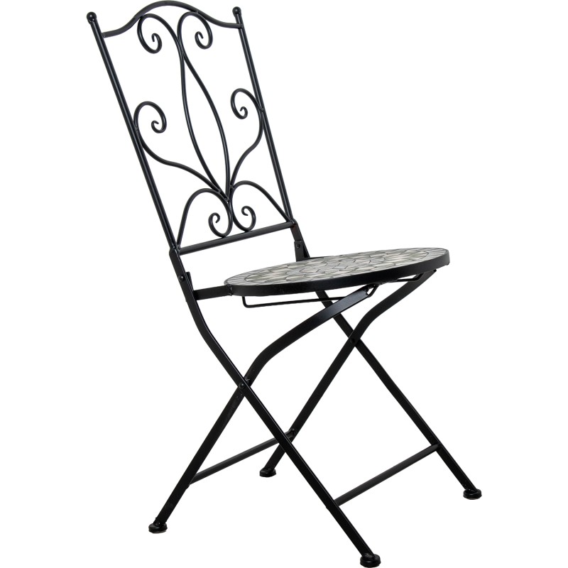 Conjunto de jardín compuesto por mesa redonda y dos sillas plegables de estructura metálica negra con asiento y tablero de mosaico decorativo, ideal para terraza o patio exterior.