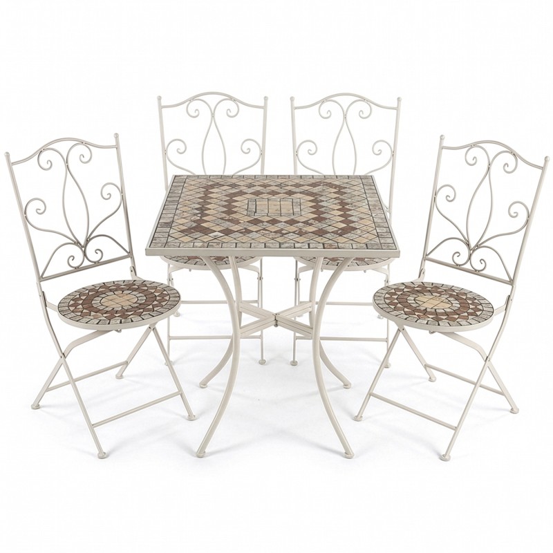 Conjunto de jardín compuesto por mesa redonda y dos sillas plegables de estructura metálica negra con asiento y tablero de mosaico decorativo, ideal para terraza o patio exterior.