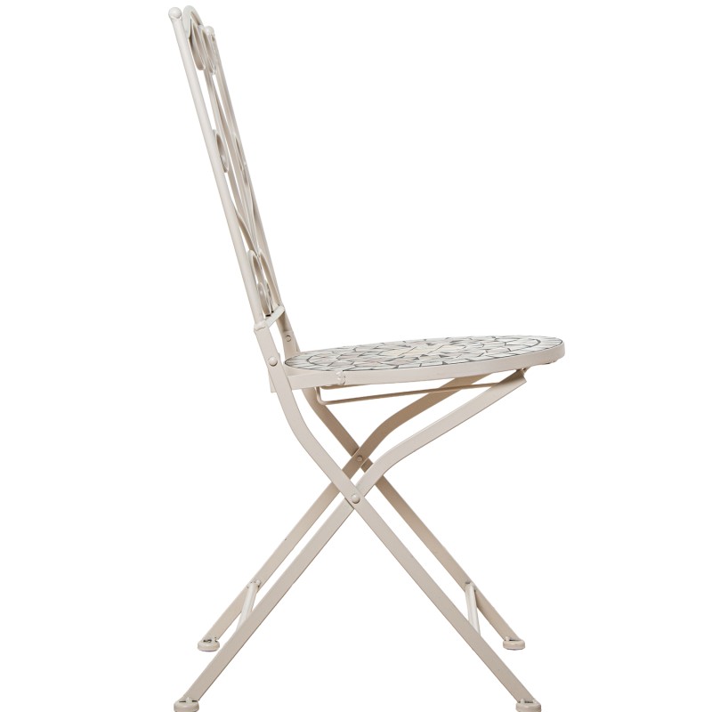 Conjunto de jardín compuesto por mesa redonda y dos sillas plegables de estructura metálica negra con asiento y tablero de mosaico decorativo, ideal para terraza o patio exterior.