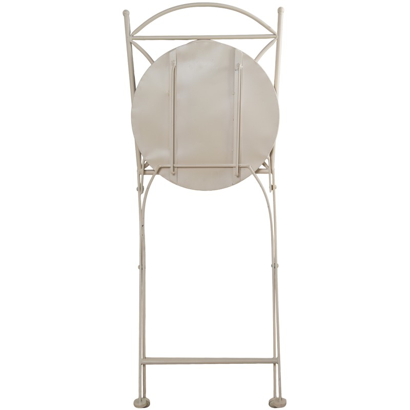 Conjunto de jardín compuesto por mesa redonda y dos sillas plegables de estructura metálica negra con asiento y tablero de mosaico decorativo, ideal para terraza o patio exterior.