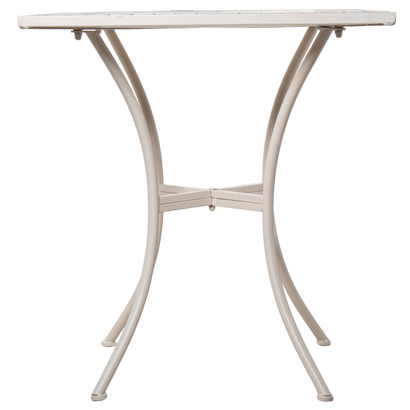 Conjunto de jardín compuesto por mesa redonda y dos sillas plegables de estructura metálica negra con asiento y tablero de mosaico decorativo, ideal para terraza o patio exterior.