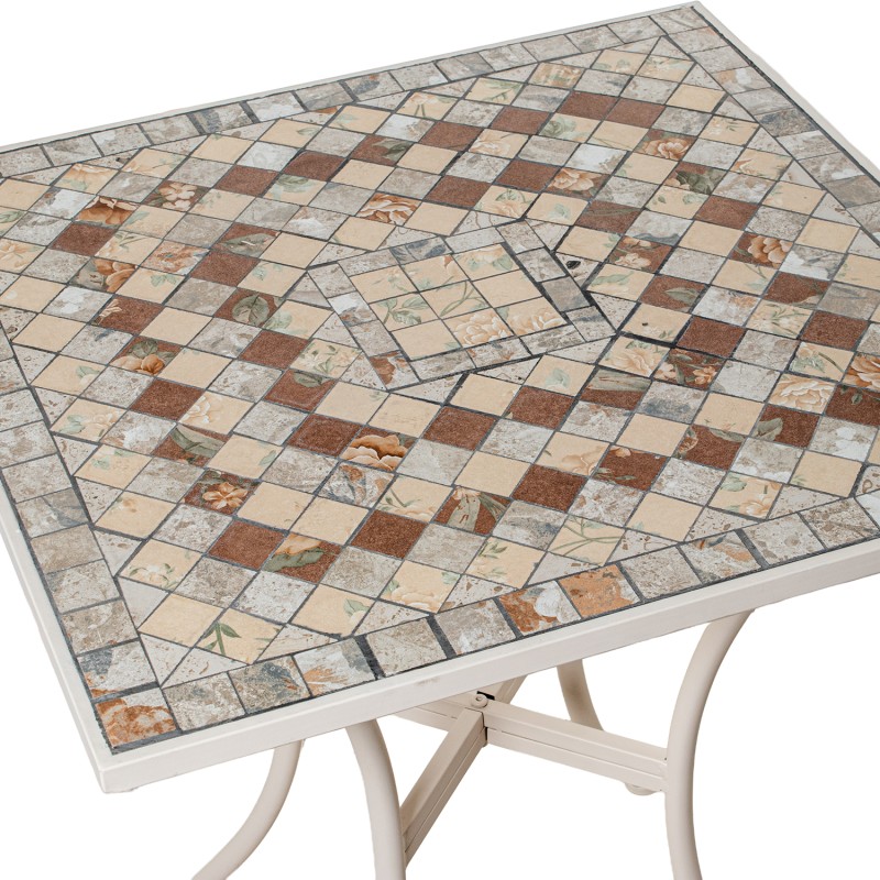 Conjunto de jardín compuesto por mesa redonda y dos sillas plegables de estructura metálica negra con asiento y tablero de mosaico decorativo, ideal para terraza o patio exterior.