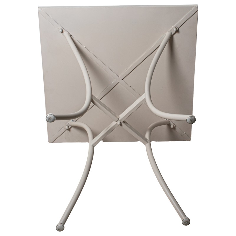 Conjunto de jardín compuesto por mesa redonda y dos sillas plegables de estructura metálica negra con asiento y tablero de mosaico decorativo, ideal para terraza o patio exterior.