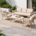 Conjunto de jardín SALINA con sofá, 2 sillones y mesa de centro con cuerda trenzada y estructura de acero disponible en Artisa.