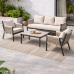Conjunto de jardín CALA con sofá, 2 sillones y mesa de centro con cuerda trenzada y estructura de acero disponible en Artisa.