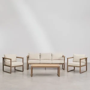 Set de exterior Artisa compuesto por sofá de 3 plazas, sillones individuales y mesa de centro, disponible en varios acabados. Un conjunto práctico, resistente y cómodo, ideal para terraza o jardín, con una excelente relación calidad-precio.